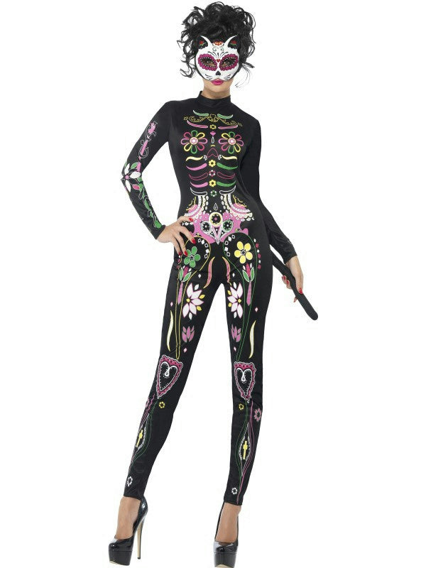 Smiffy's Women's Sexy Sugar Skull Cat Adult Costume Bodysuit Small 6-8