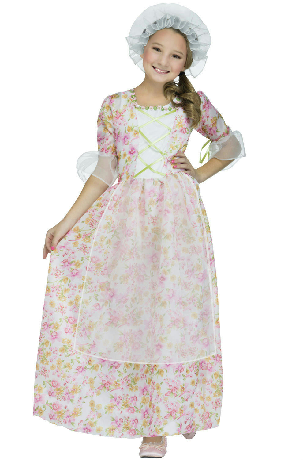 Fun World Girl's Colonial Lady Floral Dress Hat Child Costume Size Large 12-14