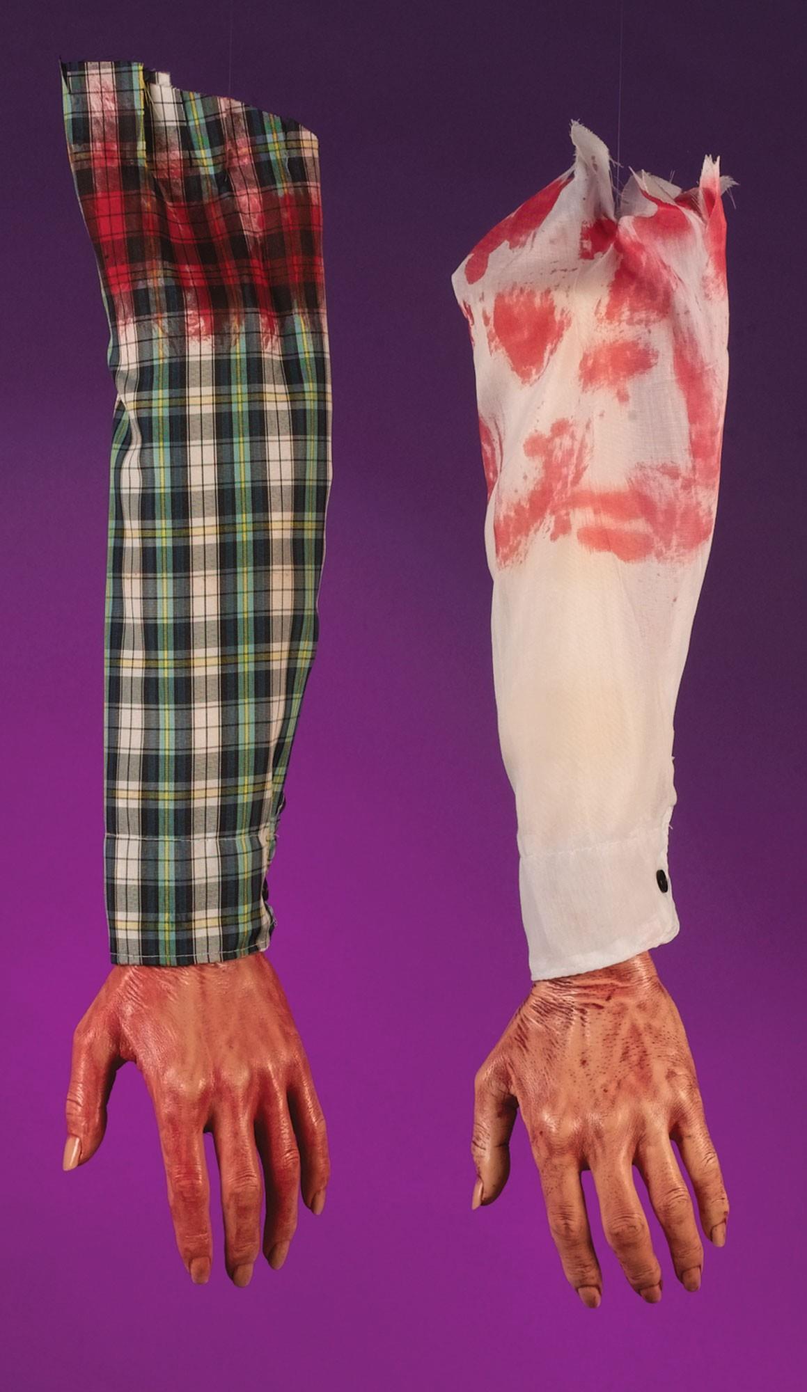 Bloody Hand and Arm with Plaid Shirt Hang out of Trunk Halloween Gag Prop