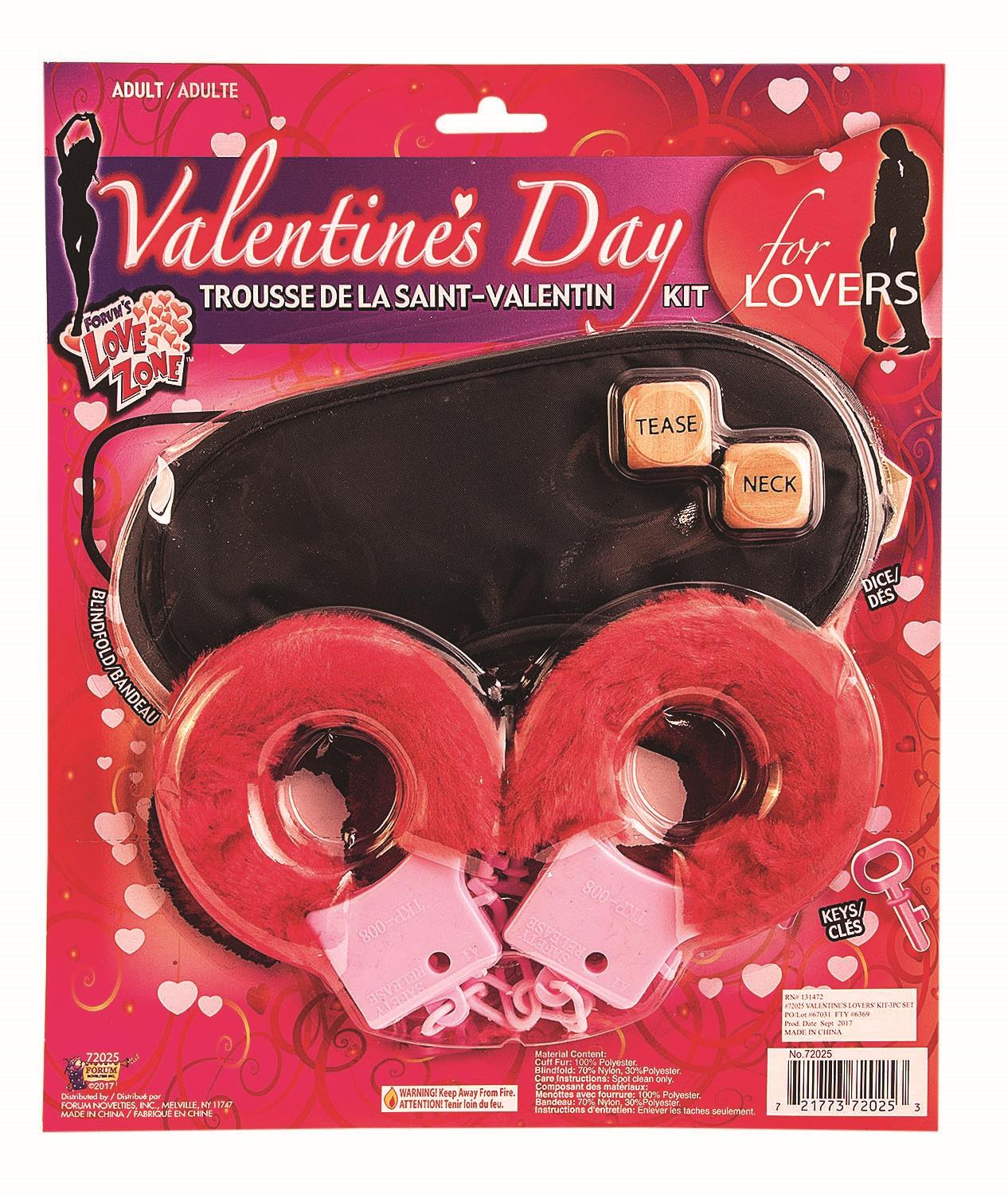 Valentine's Day 3 Piece Lovers Kit Sexy Red Handcuffs Blindfold DIce