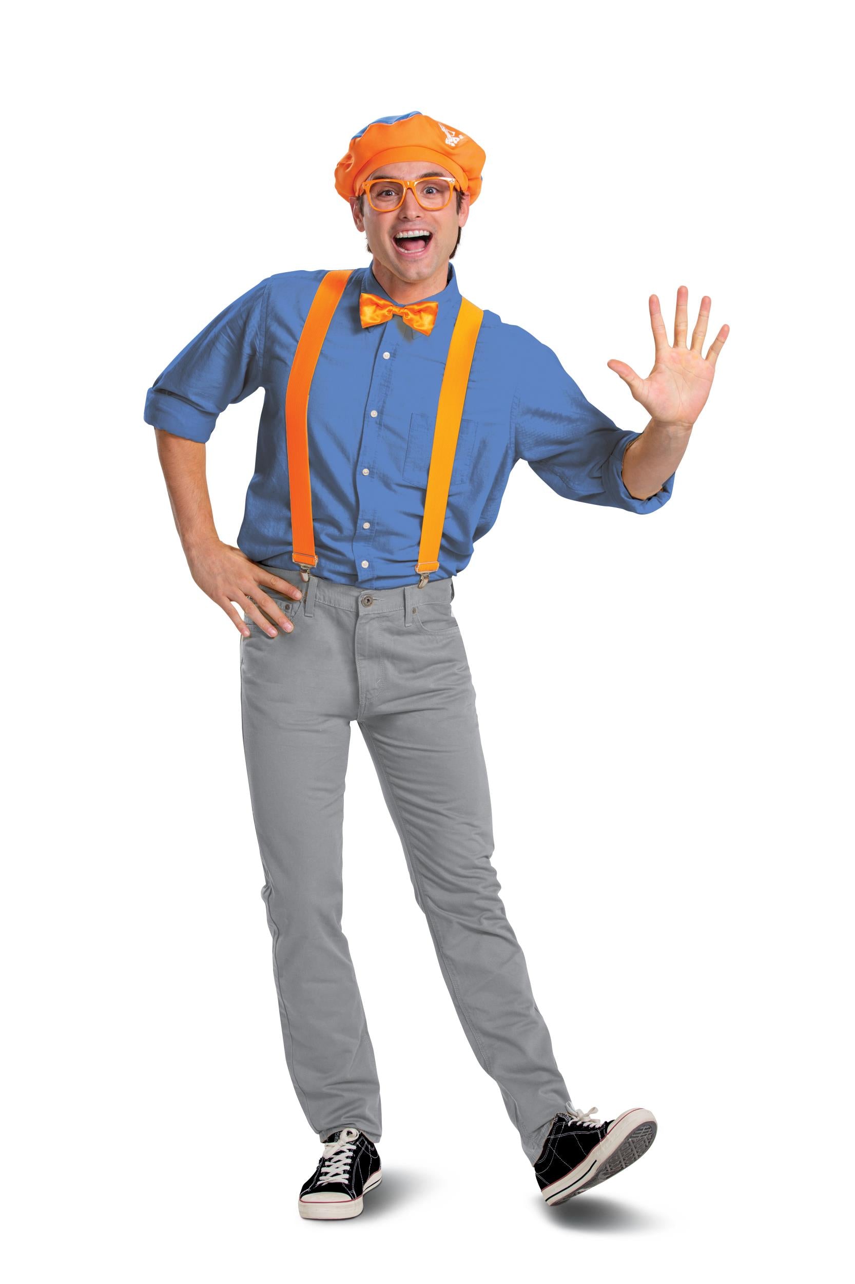 Blippi Adult Outfit Hat, Glasses, Bowtie, Suspenders Costume Kit