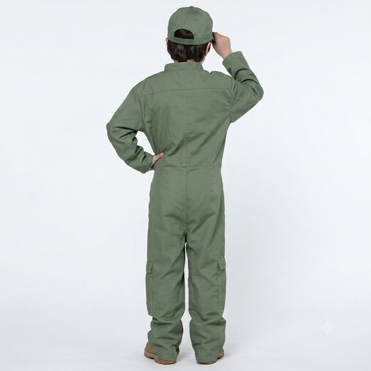 Child wearing a US Air Force Pilot Uniform Military Soldier Costume with hat- back of costume.