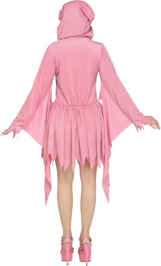Pink hooded dress with a sheer overlay on a white background backside view