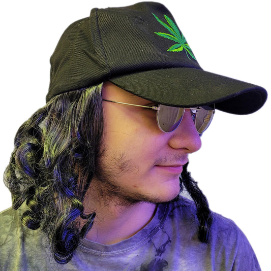 Hat with Gray Hair & Glasses Pot Leaf Herb Hippie Baseball Cap Hat side view
