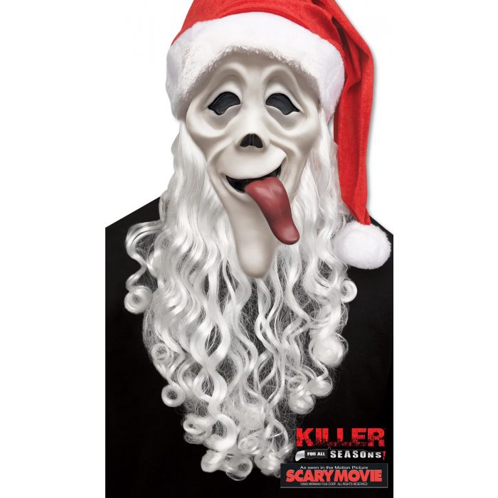 Mask with Santa hat and long white beard on a black background, featuring 'Scary Movie' branding.
