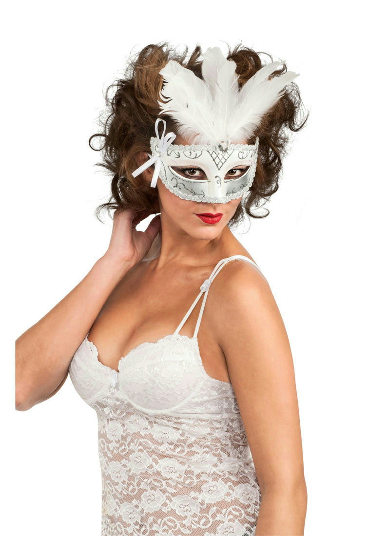 Black White Silver Feather Venetian Carnival Eyemask