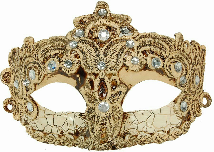 Beige Crackle Brazilian Diamond Masquerade Eye Mask With Lace and Rhinestones