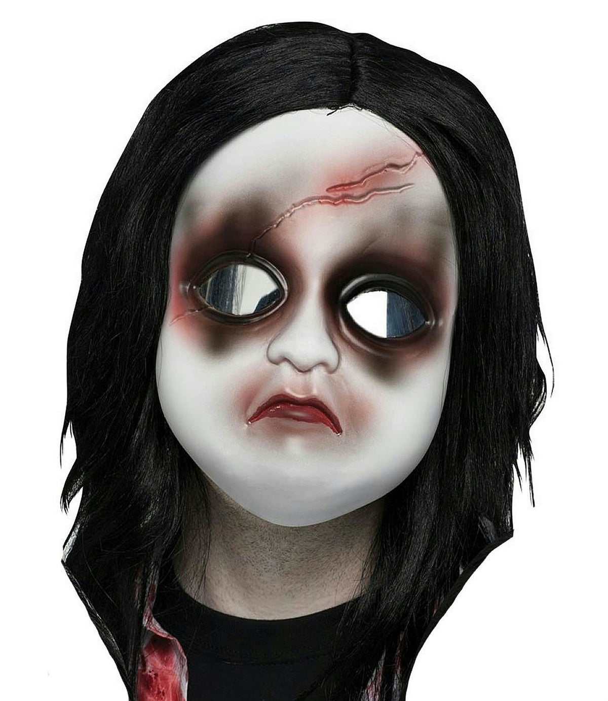 White Doll Freaky Face Mask with Long Black Hair