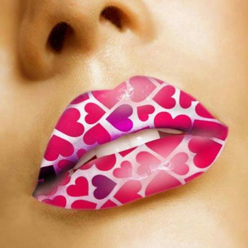 Big Pink Hearts Print Lips Temporary Tattoo Sticker