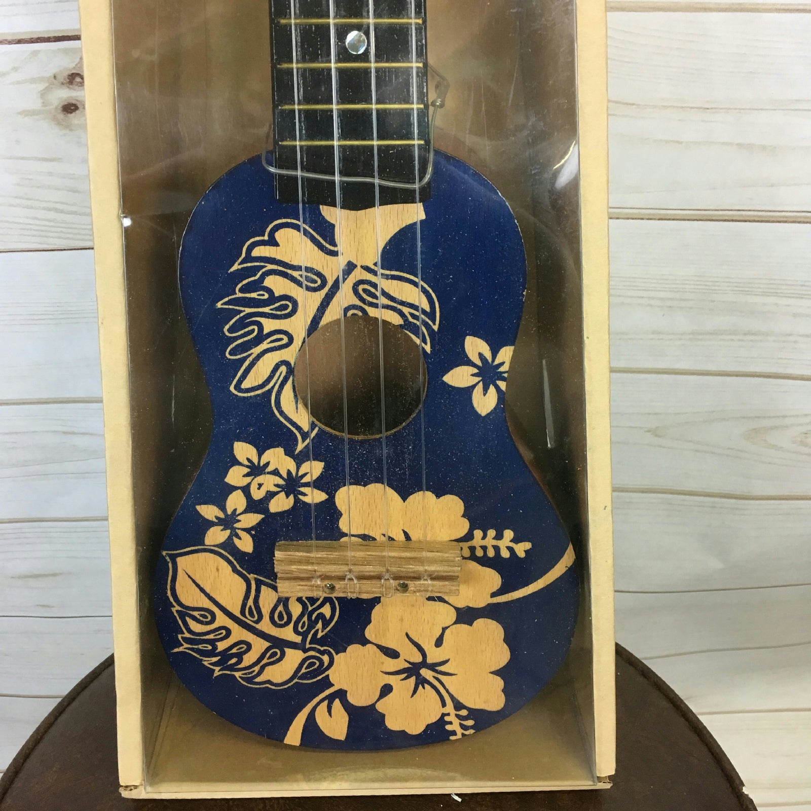 18" Wooden Ukulele Blue Floral Hawaiian Print Tropical Party Accessory