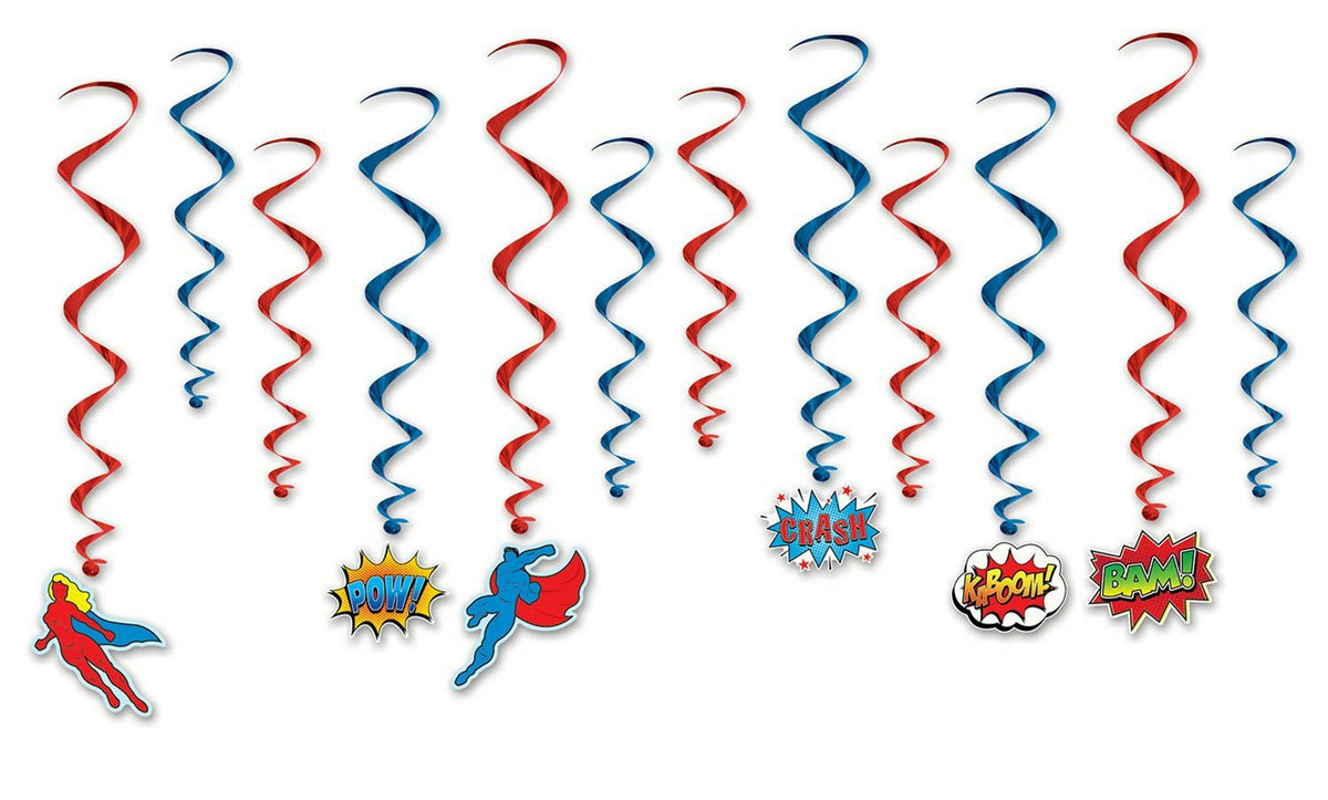 Superhero Party Dangling Whirls Hanging Decorations Red Blue Kaboom Bam Pow
