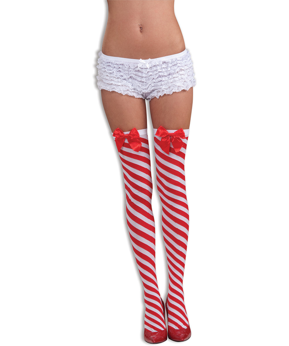 Candy Cane Red and White Striped Thigh High Stockings