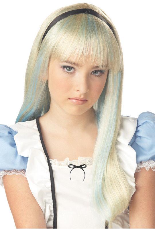 Alice Wig Blonde with Blue Streaks and Bangs Fits Child