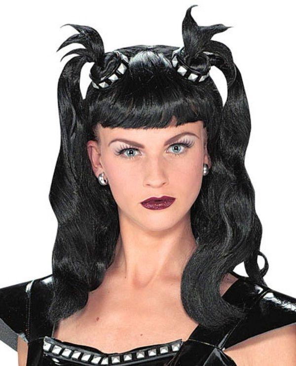 Black Dominatrix Wig Wavy Wig with Bangs and Pigtails with Studded Choker Accent