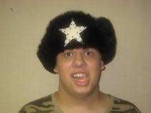 Load image into Gallery viewer, Winter  Black Bomber Hat with Black Fur and White Star
