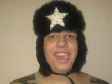 Load image into Gallery viewer, Winter  Black Bomber Hat with Black Fur and White Star
