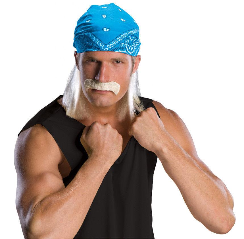 Blonde Wrestling Star Hulk Wig with Bandanna and Mustache