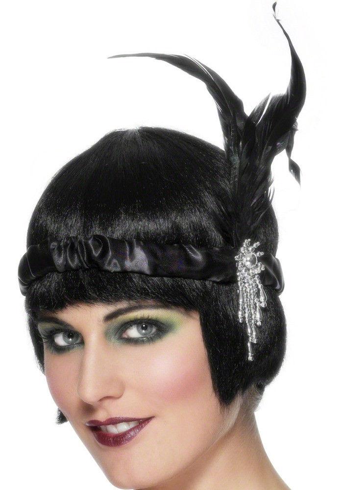 Black Satin Charleston Flapper Headband with Feather and Jewel