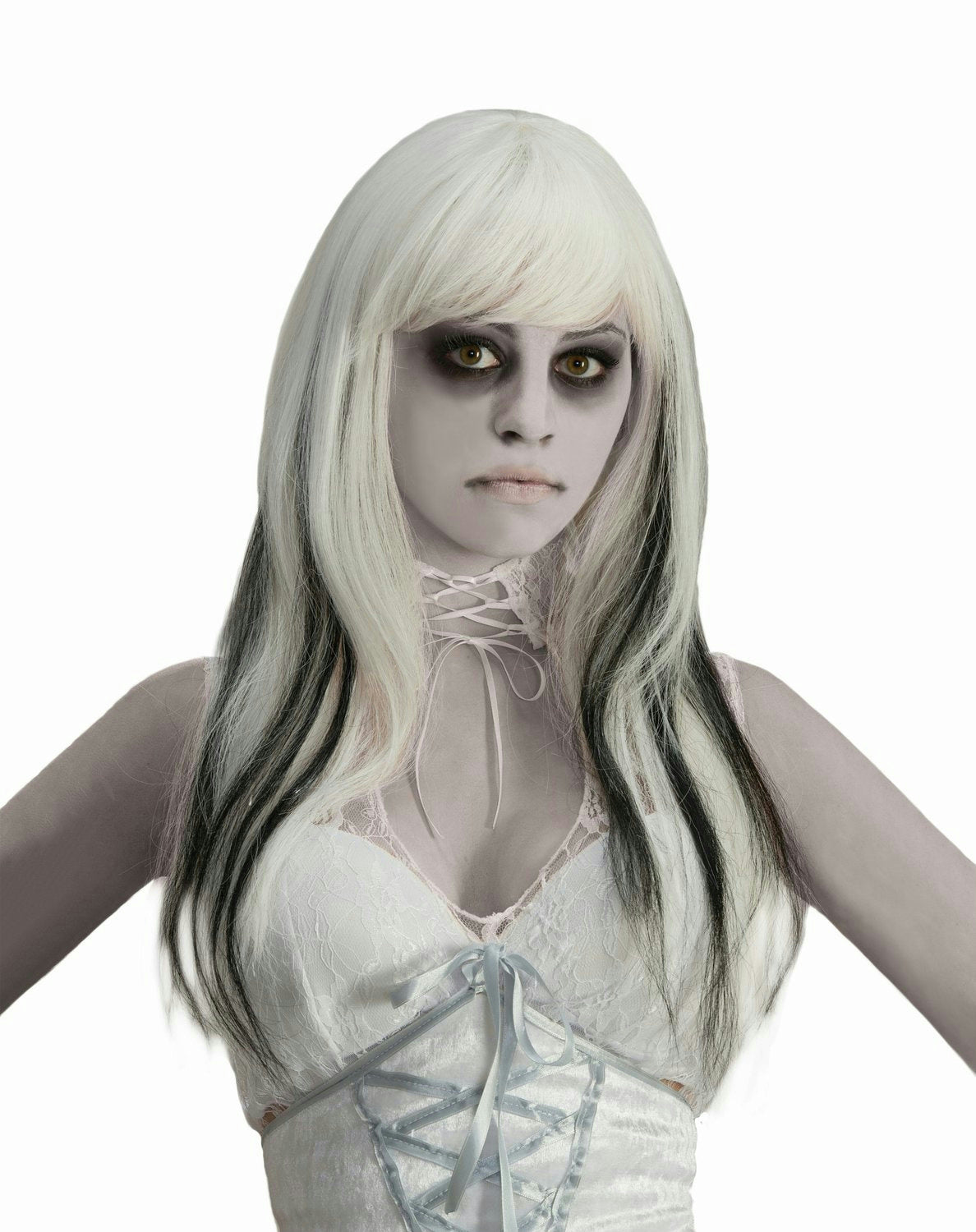 Phantom Ghost Wig Long White and Black Ghost Wig with Bangs