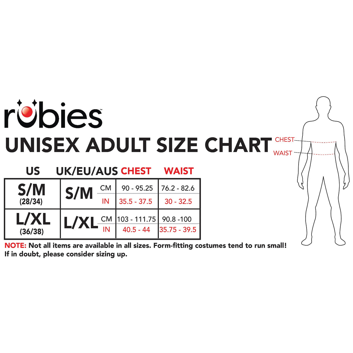 Rubie's Adult Unisex Size Chart