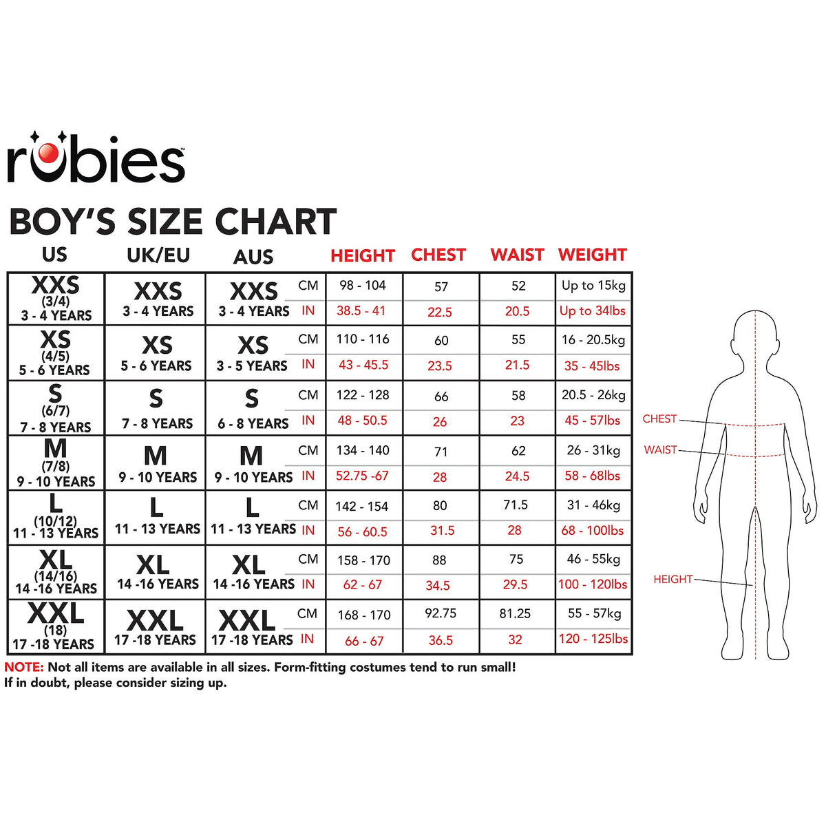 Rubie's Boys Size Chart