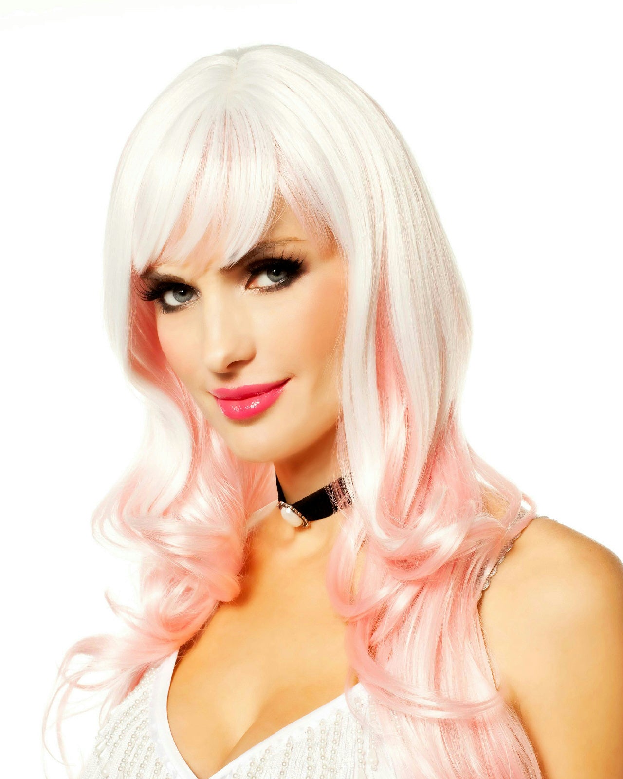 Long White with Icy Pink Dream Girl Adult Costume Wig with Bangs