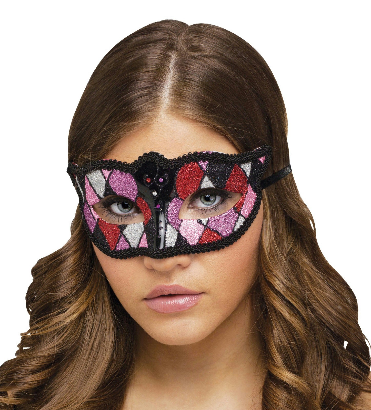 Shimmering Glitter Harlequin Black Pink Purple Diamond Shape Mardi Gras Eye Mask