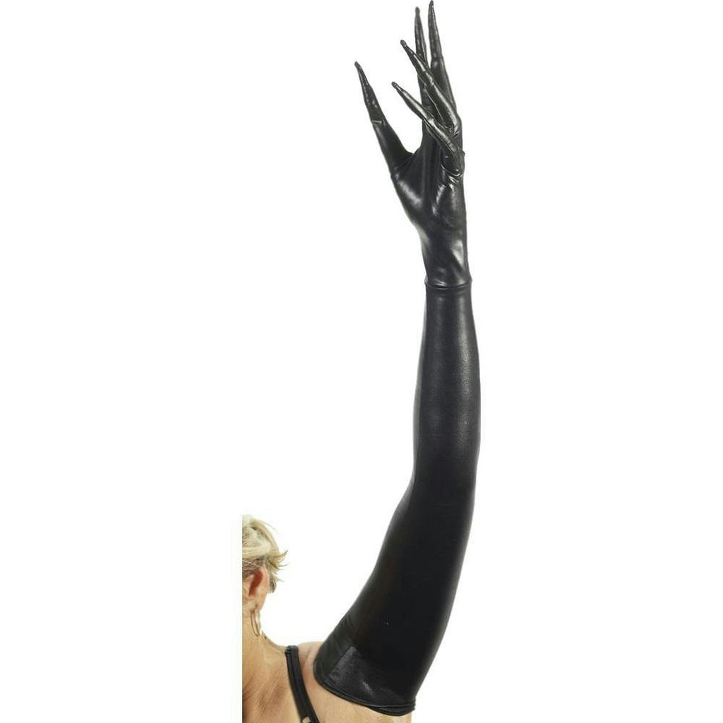Creepy Twisted Circus Long Shiny Black Faux Leather Pointy Fingered Gloves