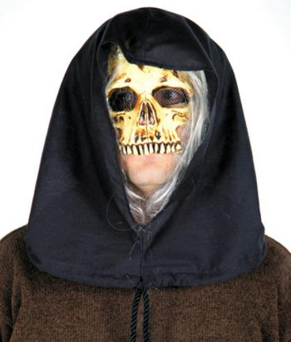 Grim Reaper Skeleton Skull Black Hooded Half Mask with Attached Gray Hair