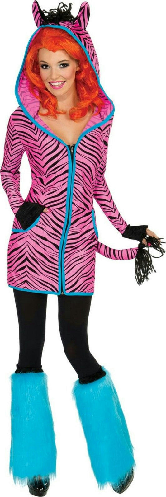 Women's Bright Pink and Black Zebra Hoodie Dress Adult Costume Medium