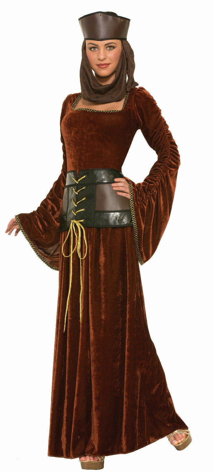 Medieval Lady Brown Velvet Adult Costume Dress Corset Belt Bell Sleeves