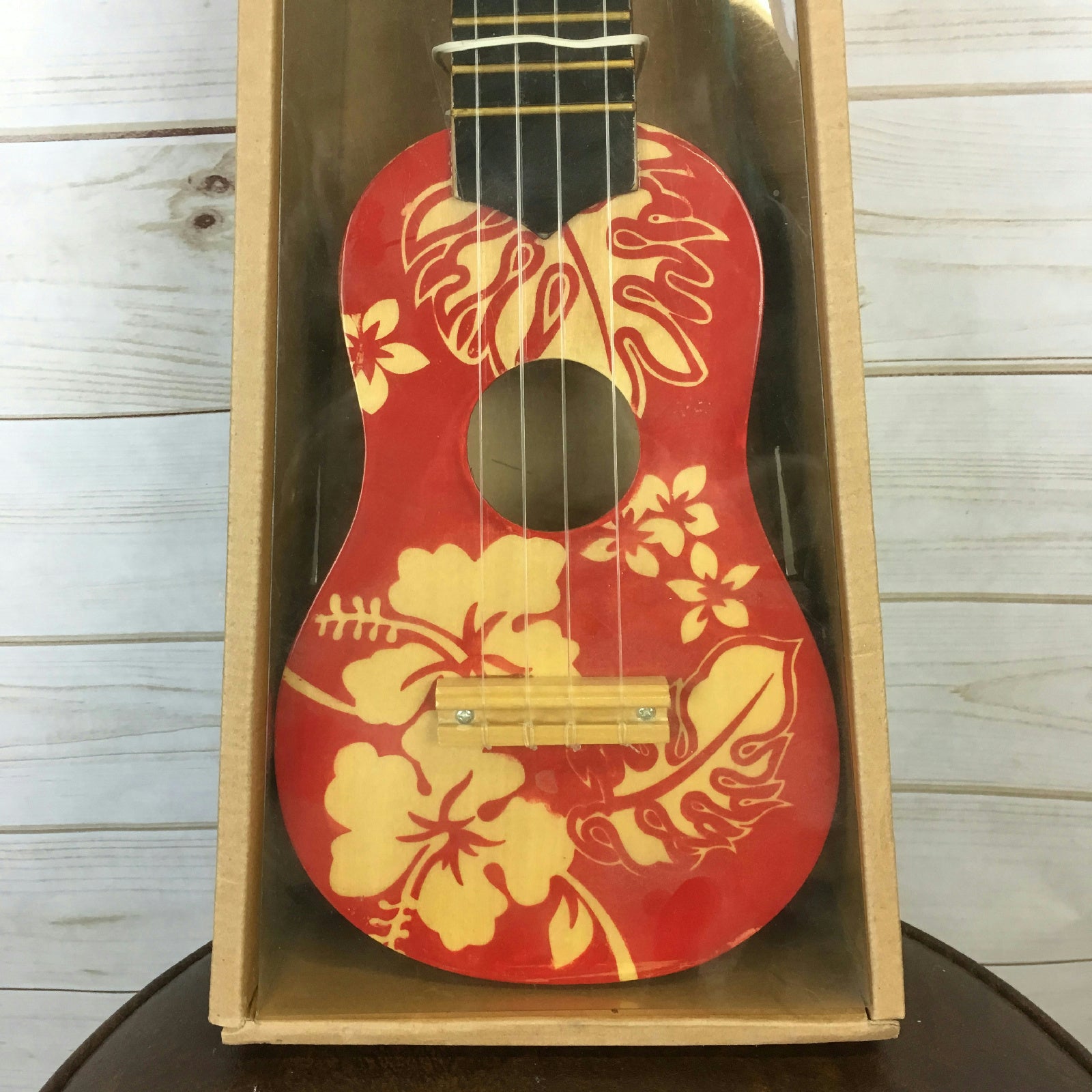 18" Wooden Ukulele Red Floral Hawaiian Print Tropical Party Accessory