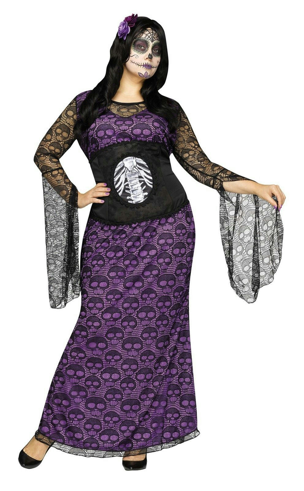 La Muerte Day of Dead Purple Black Sheer Skull Waist Cinch Dress 1X 16-20