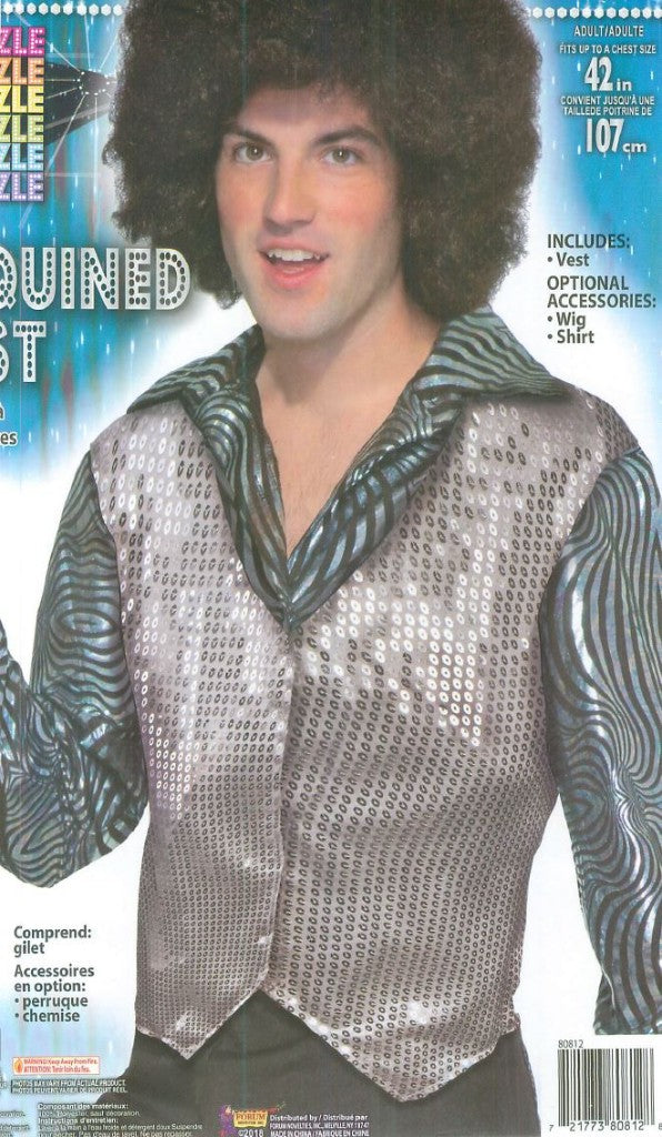 Silver Sequin Vest Adult Dazzle Dapper Accessory 1980s Up to Size 42