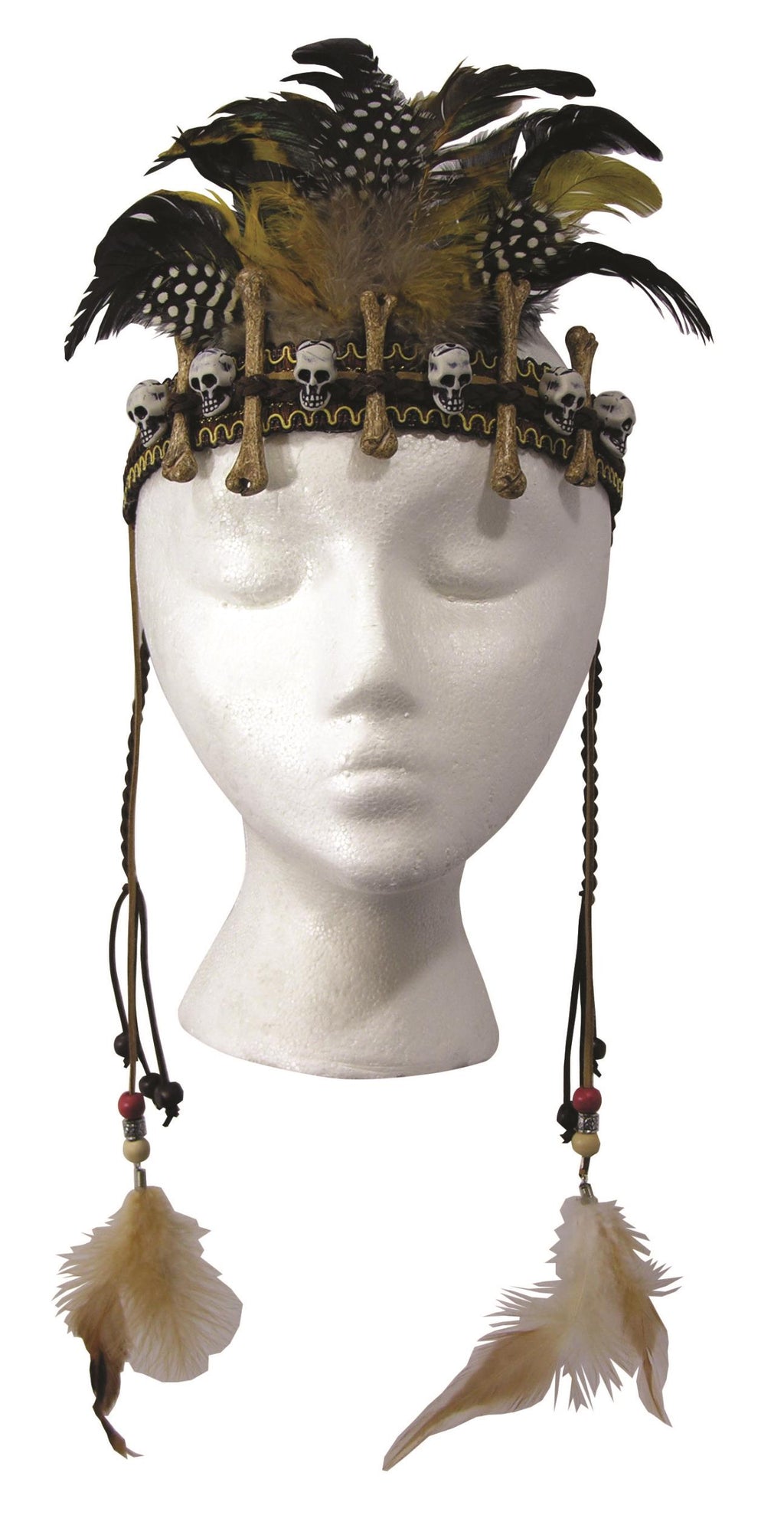 Day of the Dead Voodoo Headpiece Skulls Dangle Feathers Costume Accessory