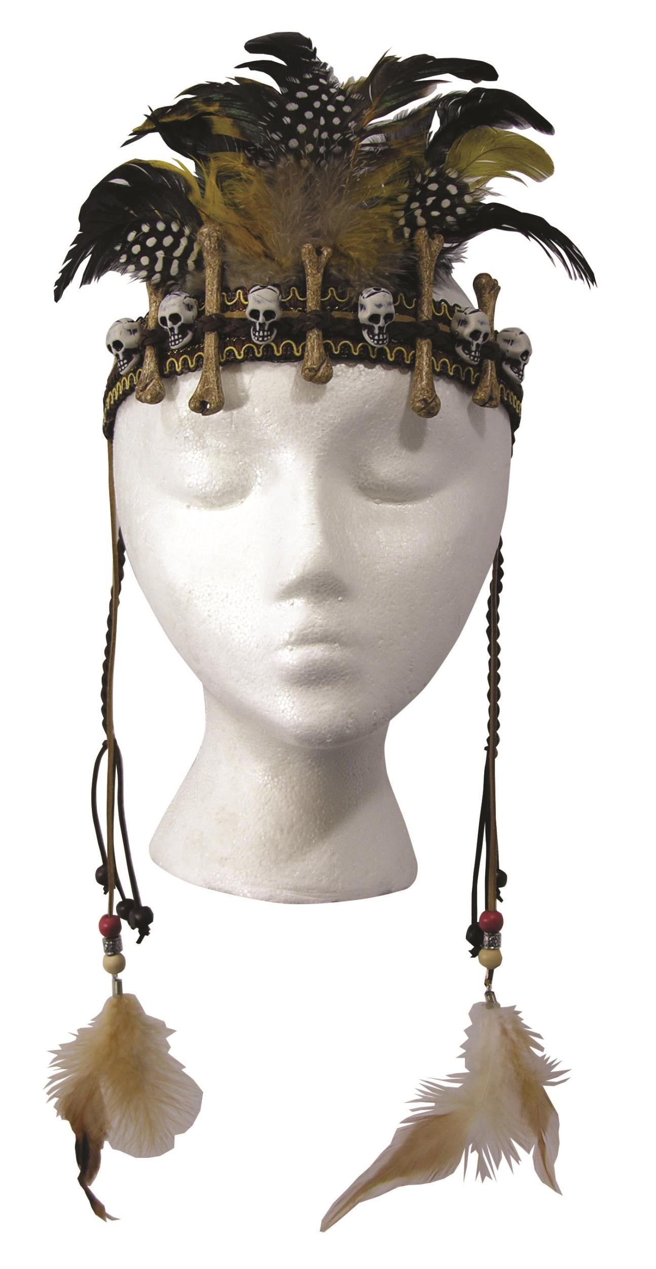 Day of the Dead Voodoo Headpiece Skulls Dangle Feathers Costume Accessory