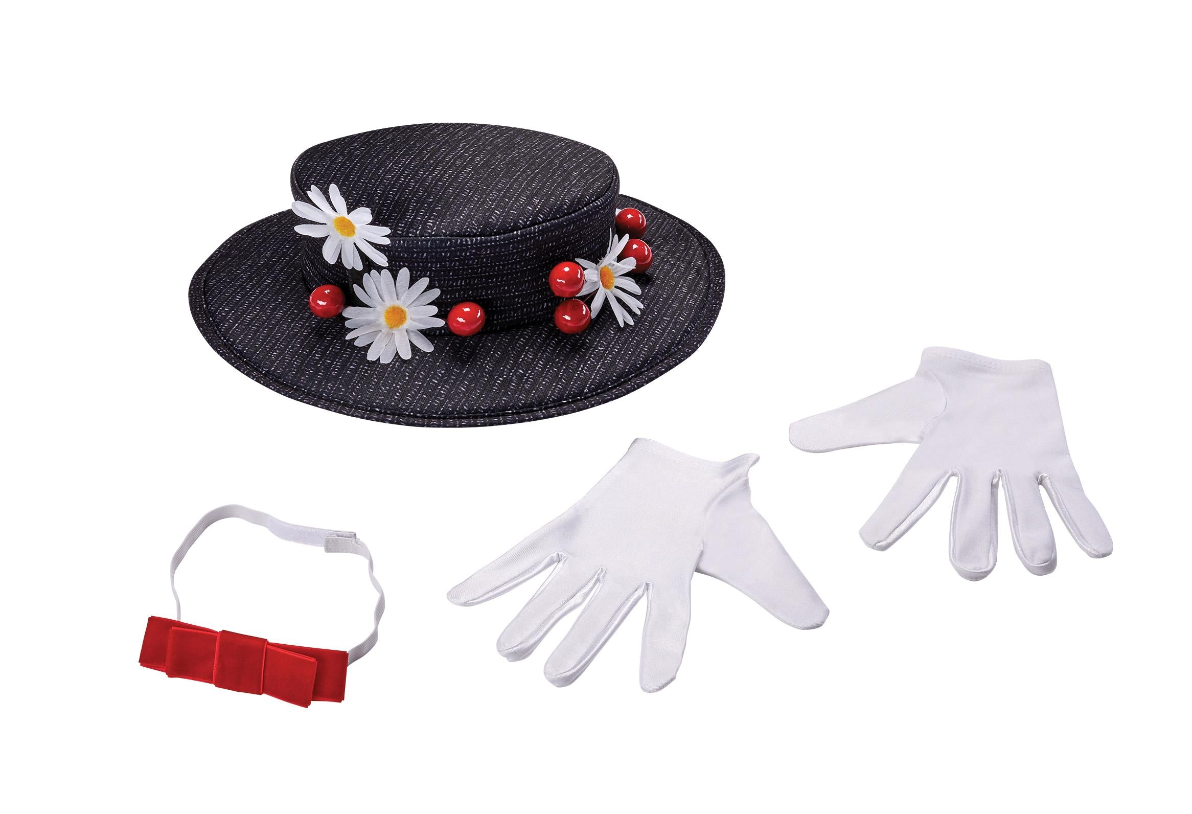 Mary Poppins Disney Adult Accessory Costume Kit Hat, Gloves and Bow Tie