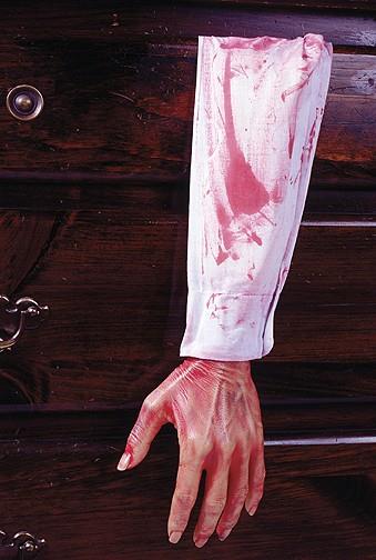 Bloody Hand and Arm with White Shirt Hang out of Trunk Halloween Gag Prop