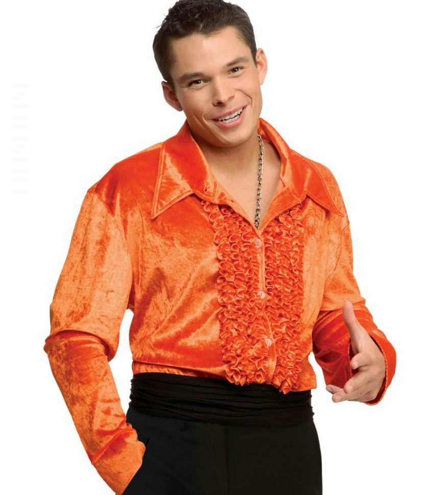 Orange Ruffled Velvet Disco Shirt 70's Small