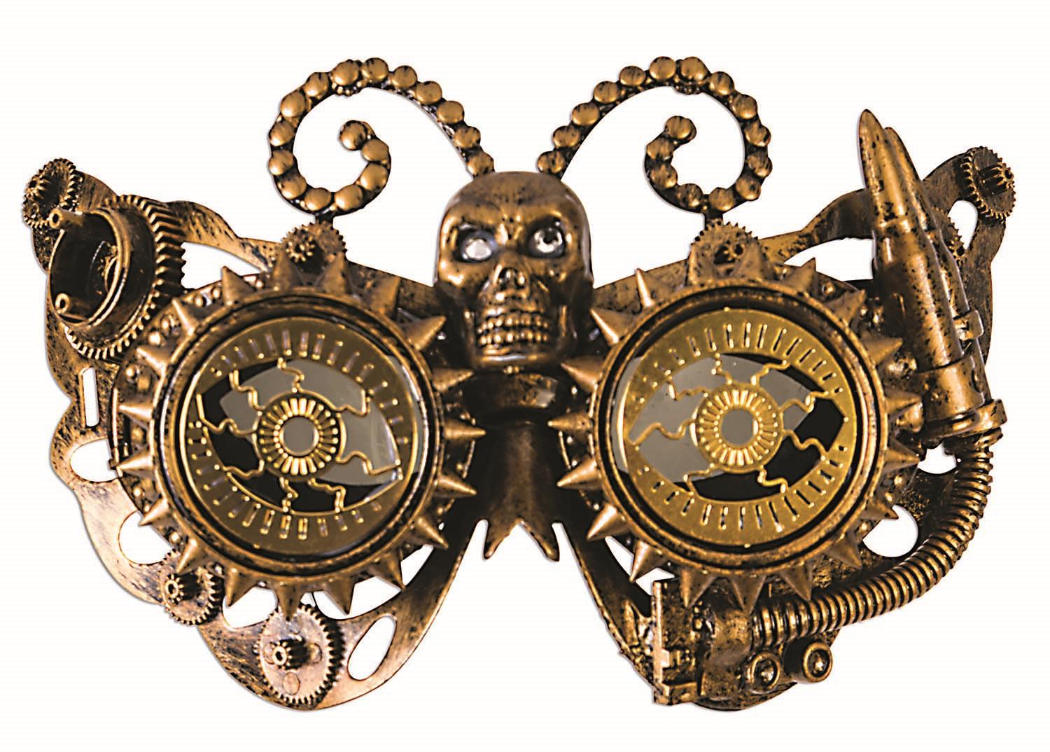 Gold Steampunk Eye Mask With Gears and Horned Skull