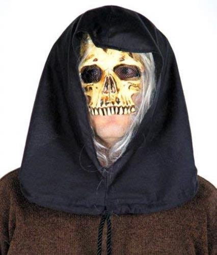 Grim Reaper Skeleton Skull Black Hooded Half Mask with Attached Gray Hair