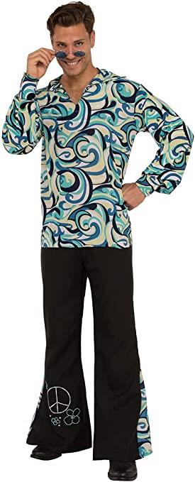 Disco Hippie 70's Blue Swirl Collared Shirt and Bell Bottom Pants Costume