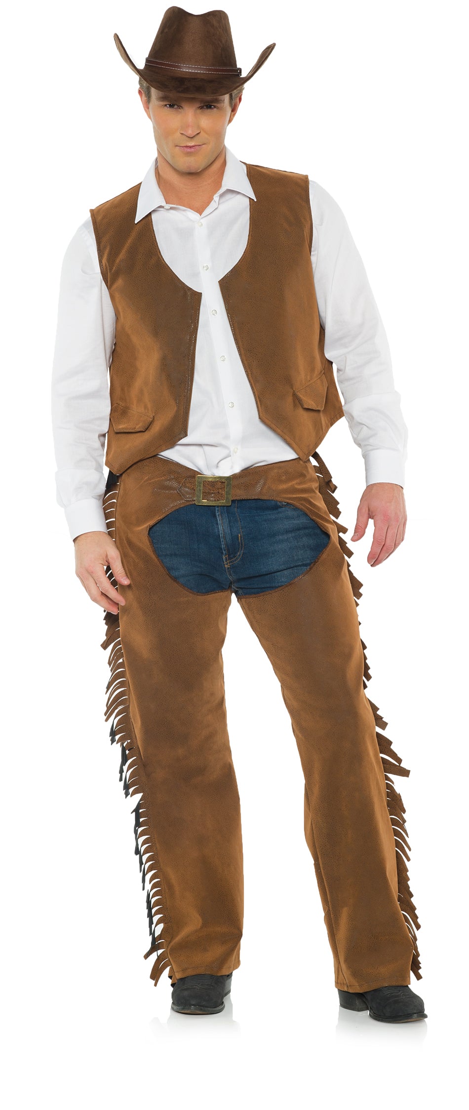 Wild West Cowboy Brown Chaps and Vest Adult Costume Size Standard