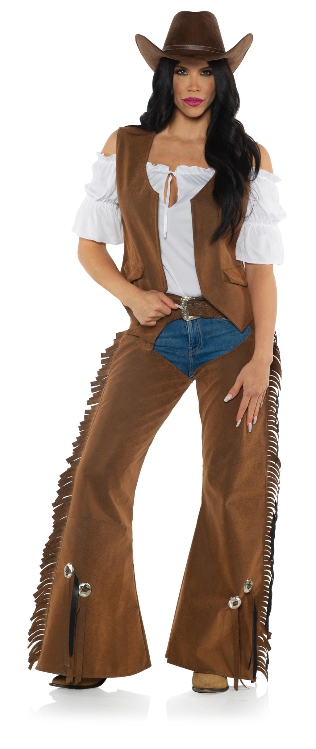 Western Cowgirl Brown Chaps and Vest Adult Costume