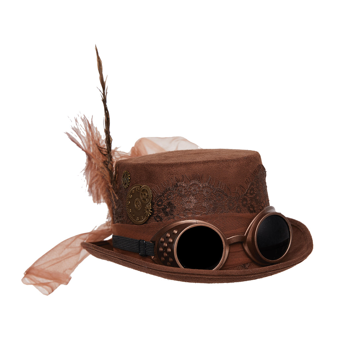 Brown Steampunk Top Hat With Attached Goggles