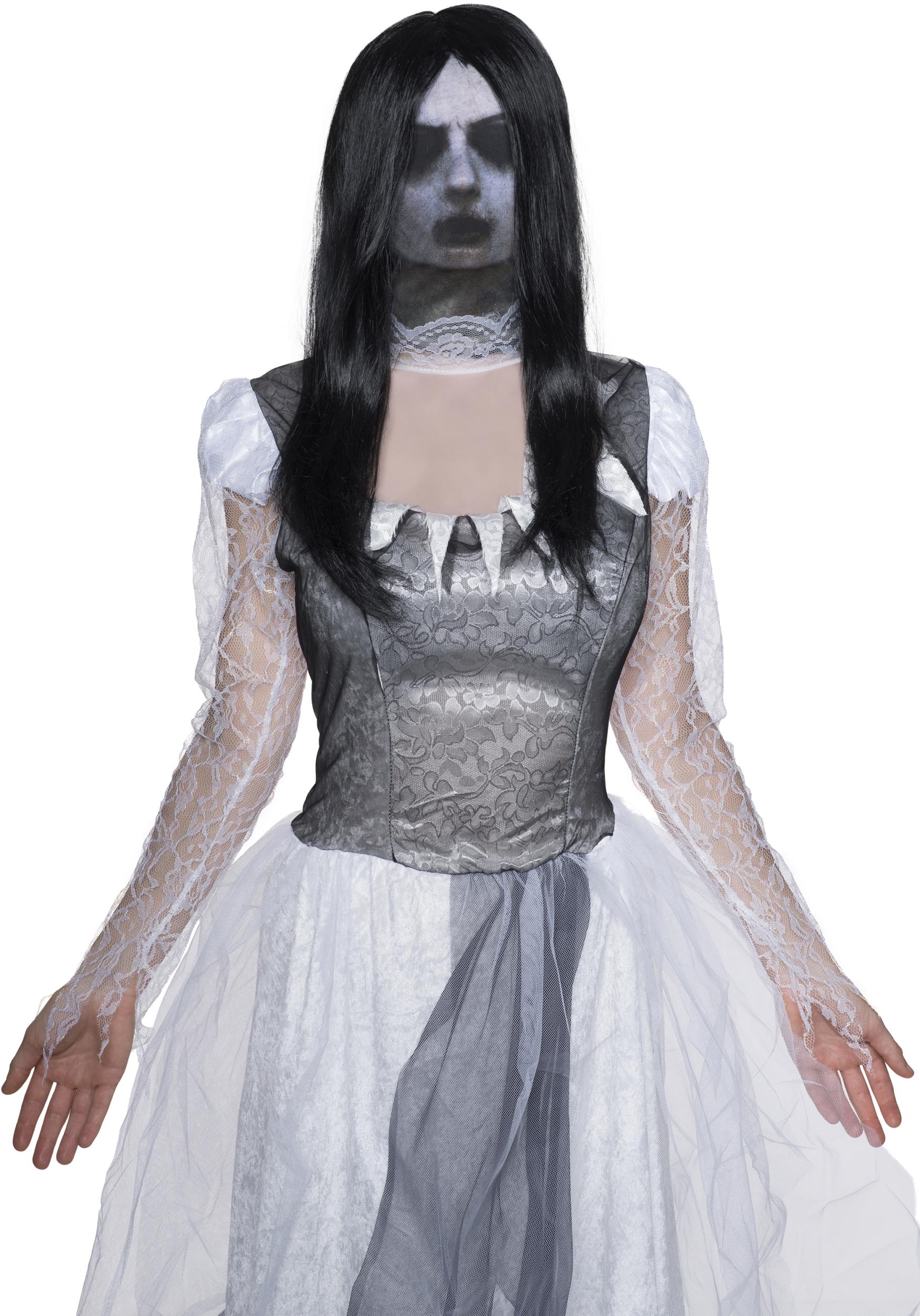 Adult Fabric Ghost Mask with Attached Long Black Wig