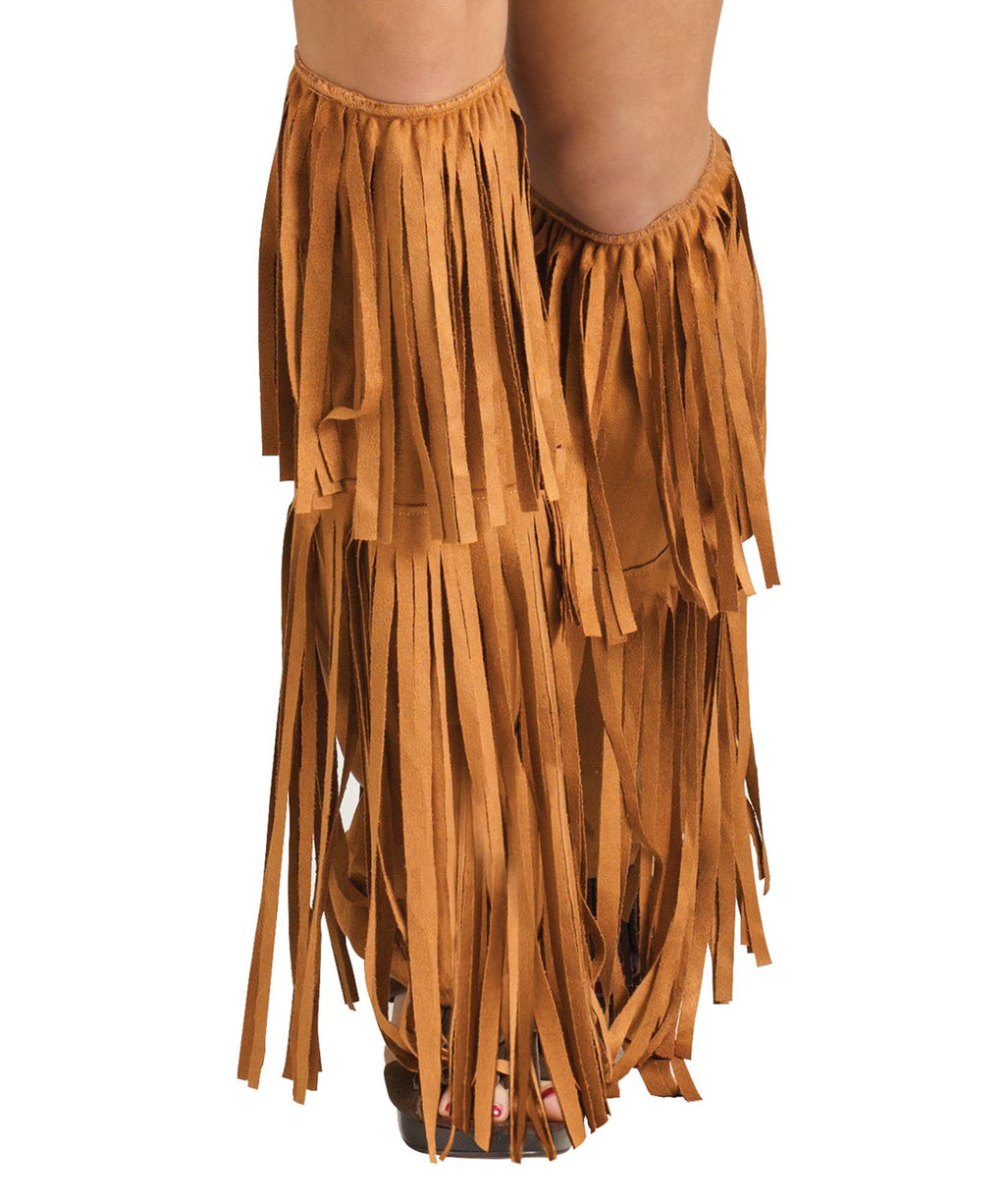A pair of brown fringe boot covers worn over boots, with the fringe extending down the side.