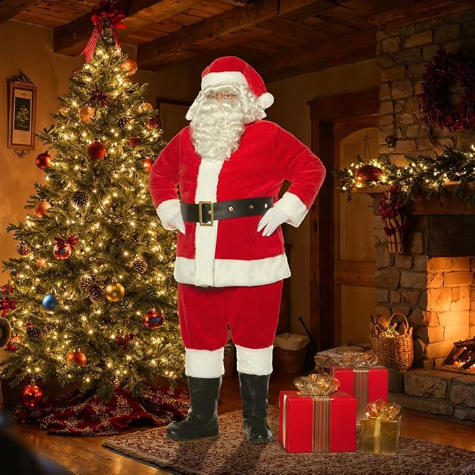 Adult Red and White Deluxe Plush Santa Claus Suit Men's Costume