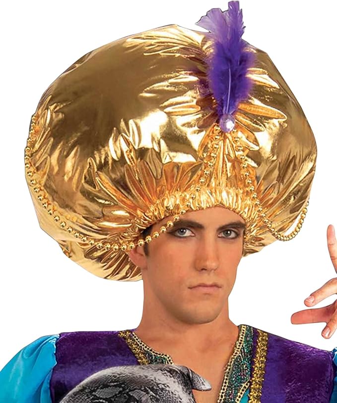 Giant Gold Turban With Purple Feather Costume Hat Accessory