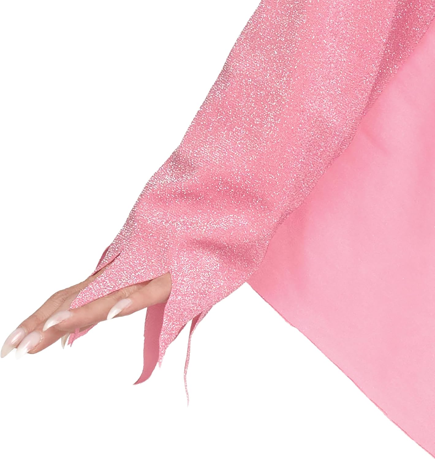 Close-up of a pink fabric with glittery texture on a white background